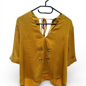 Satin Gold Mustard Yellow Blouse Double Breasted Tie-Back Cropped Top Coquette